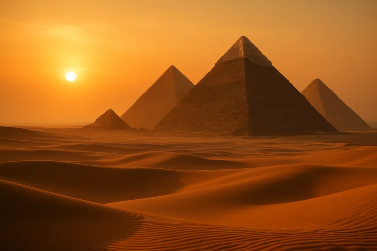 The pyramids of Giza emerging from the golden Egyptian desert at sunrise, with warm amber skies and sweeping sand dunes in the foreground