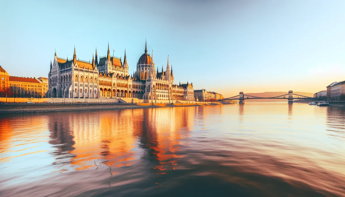 Golden hour view of Budapest's Parliament building and Chain Bridge reflecting in the Danube river