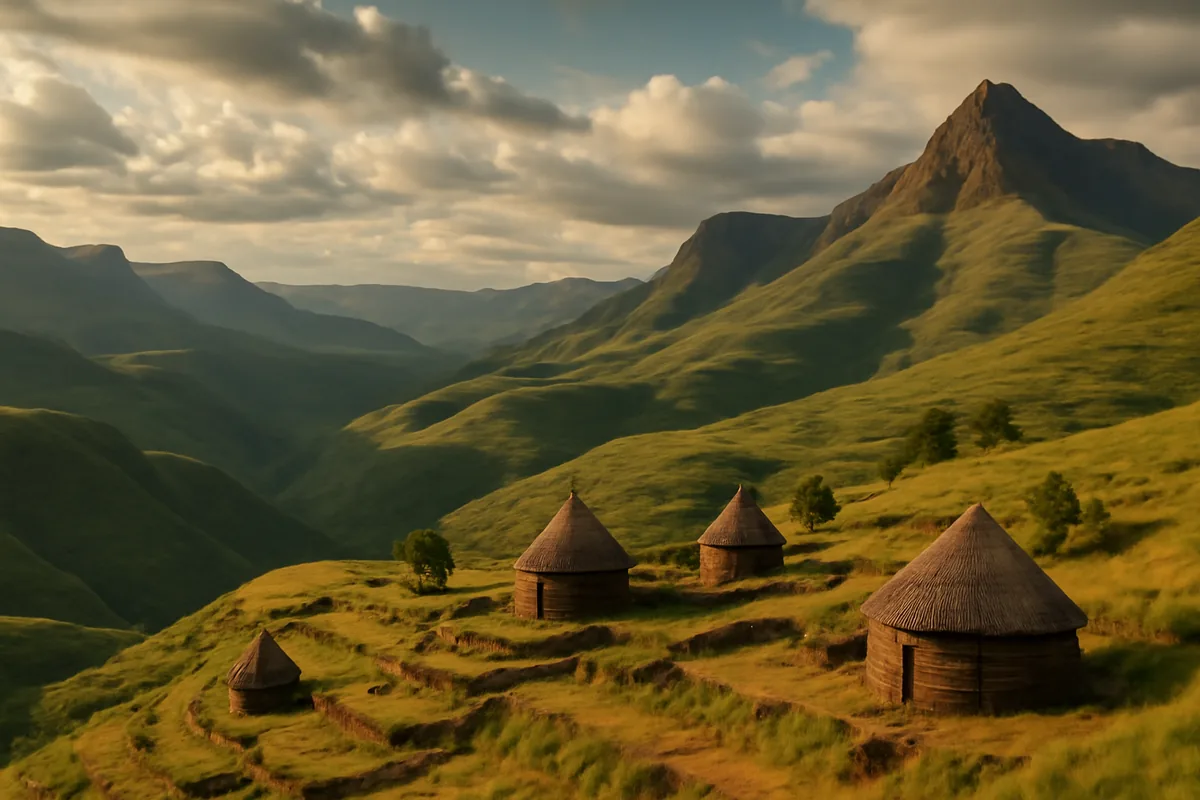 Dramatic highland landscape of Lesotho featuring rolling mountain ranges, traditional Basotho villages with thatched huts on terraced hillsides, bathed in warm golden afternoon light