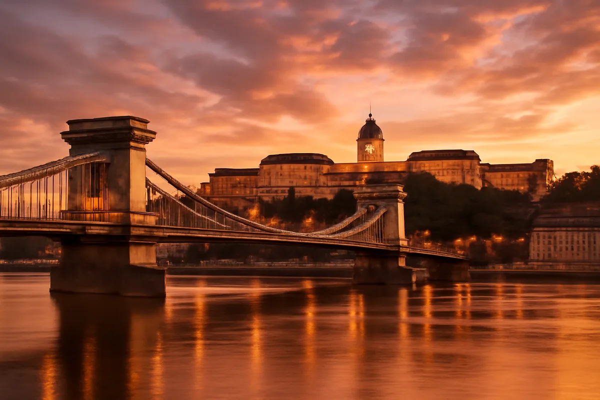 Panoramic golden hour view of Budapest with the Chain Bridge crossing the Danube River and the illuminated Buda Castle on the hilltop, reflecting warm amber tones on the water.