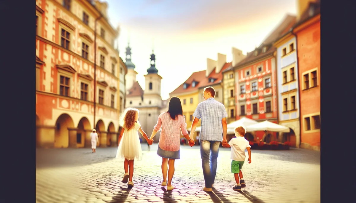 Family of four walking hand in hand through a charming European town square with historic colorful buildings