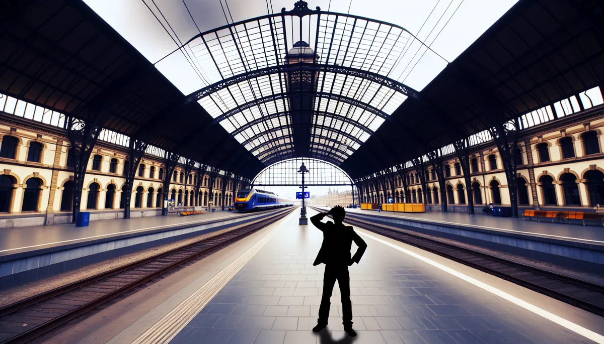 Silhouette of a traveler standing on a European train station platform with vintage architecture in moody lighting
