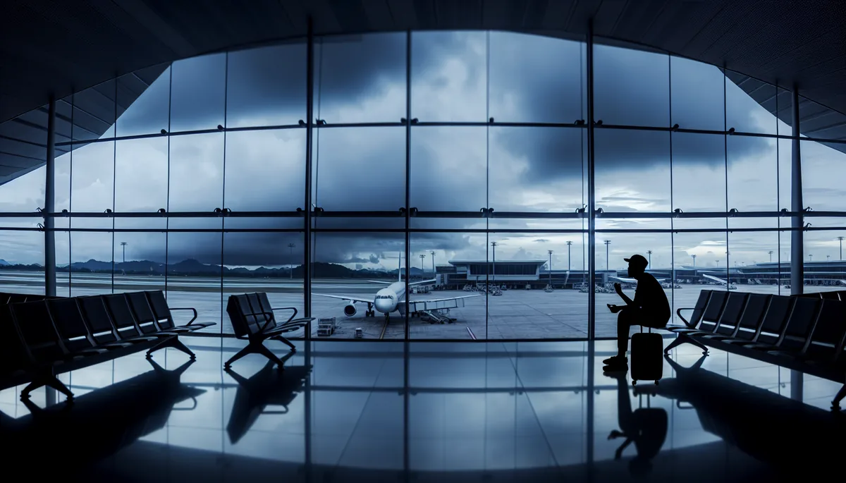 Silhouette of a traveler sitting alone in an airport terminal with planes visible through large windows under an overcast sky
