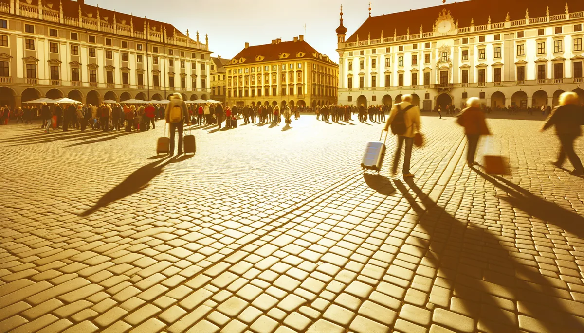 A vibrant European city square with historic buildings, showing travelers with luggage walking through the plaza in warm afternoon light