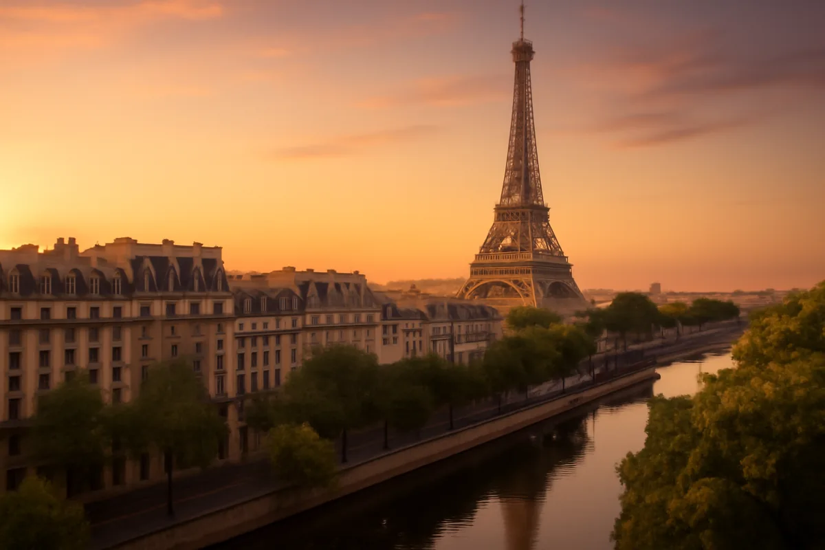 The Eiffel Tower seen from above Parisian rooftops at golden hour, with the Seine River reflecting warm sunset colors and tree-lined boulevards stretching into the distance.