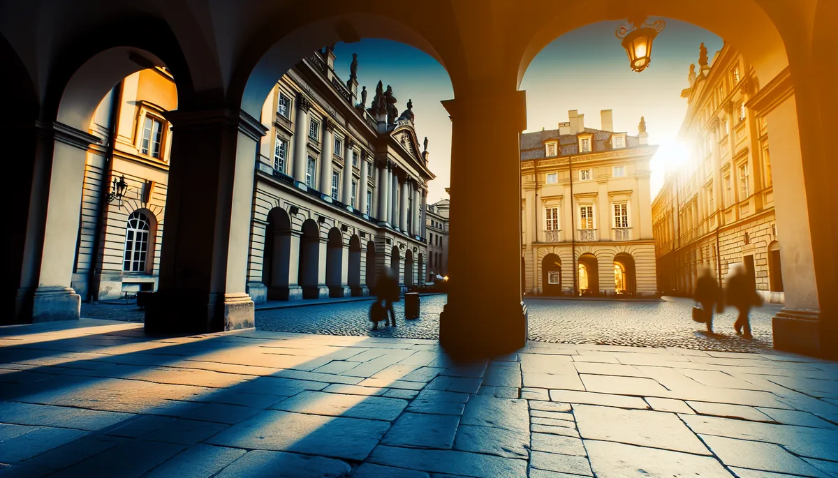 Golden hour view of a European city square with historic buildings, cobblestone streets, and distant silhouettes of travelers walking