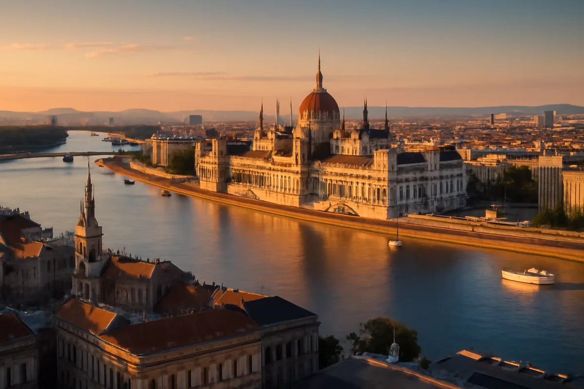 Panoramic view of Budapest skyline featuring the Hungarian Parliament building along the Danube River during golden hour