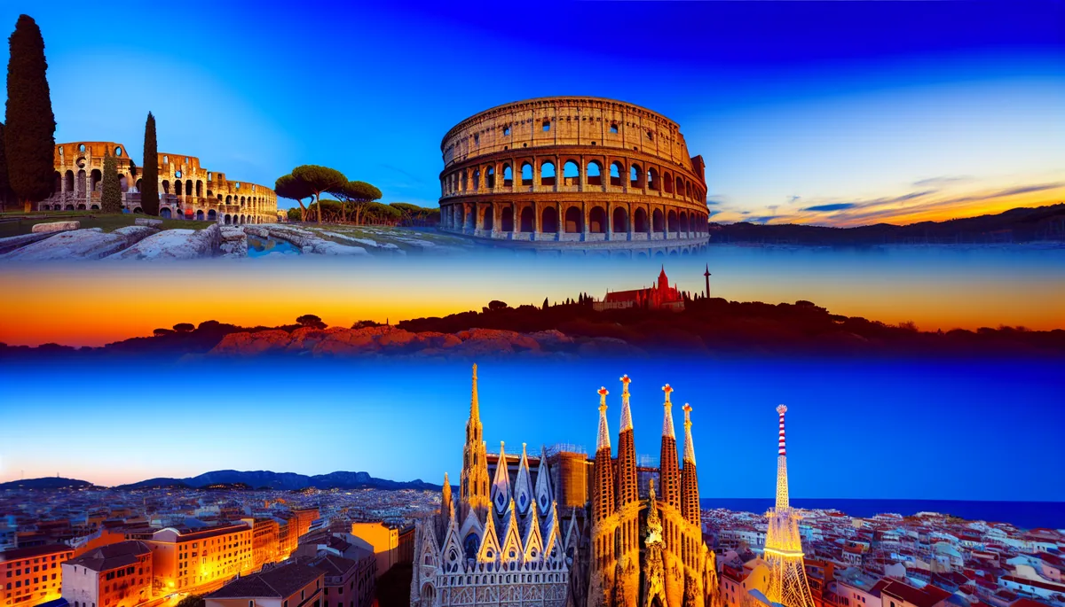 Panoramic view showcasing iconic European destinations including the Roman Colosseum, Barcelona's Sagrada Familia, and Croatian coastal scenery in warm golden hour lighting