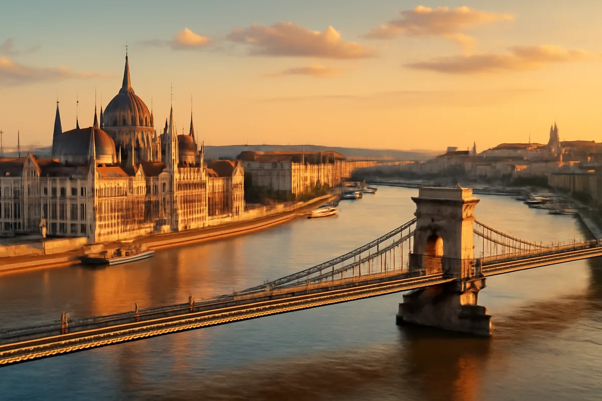 Scenic view of Budapest with the Hungarian Parliament building, Chain Bridge, and Danube River during golden hour