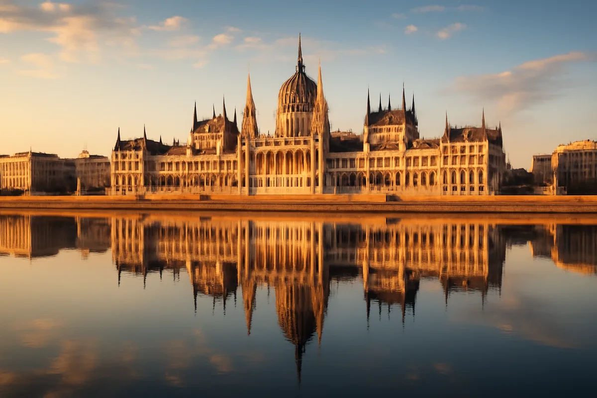 Golden hour view of Budapest's iconic Parliament building reflecting in the Danube River with historic and modern architecture lining the waterfront
