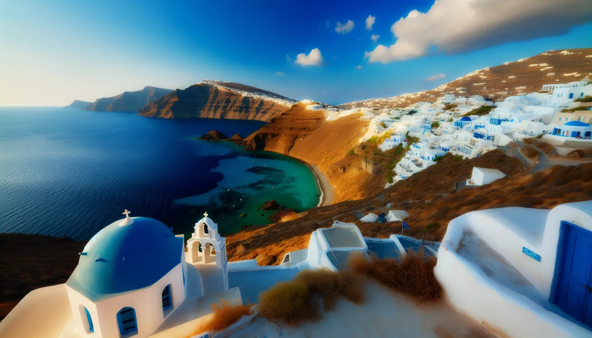 Picturesque Greek island village with traditional white buildings and blue domes overlooking the Mediterranean Sea at golden hour