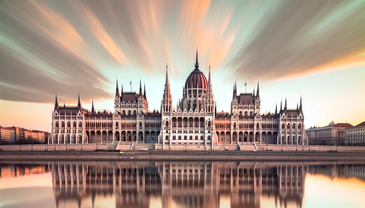 Golden hour view of the Hungarian Parliament building in Budapest reflected in the calm waters of the Danube River