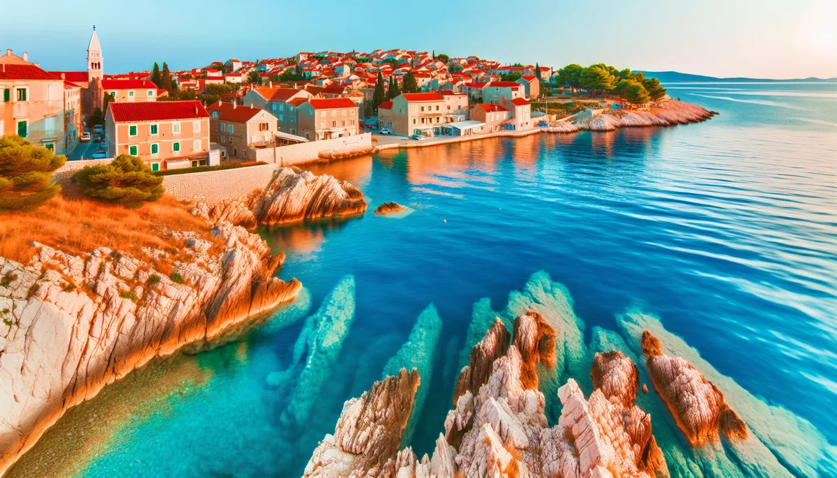 Breathtaking aerial view of Croatian coastline showing the historic city of Dubrovnik with its distinctive red-tiled rooftops overlooking the crystal clear turquoise waters of the Adriatic Sea