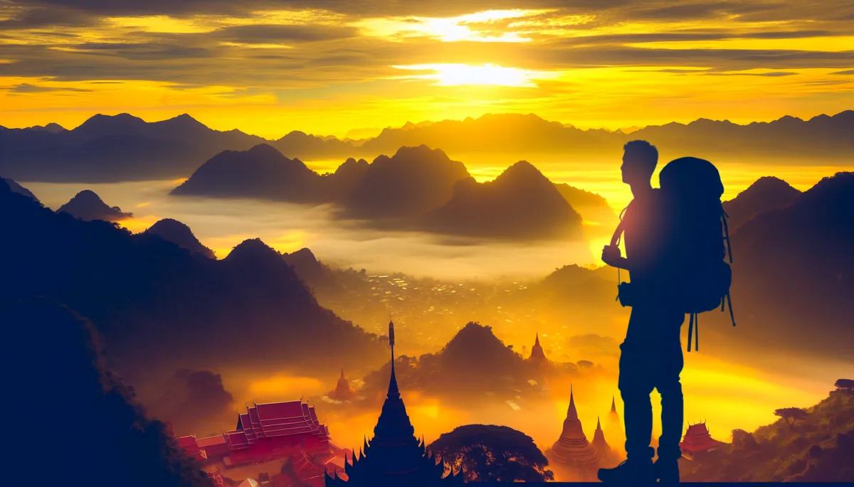 Silhouette of a backpacker standing on a mountain ridge overlooking a vast Asian landscape with traditional temples in misty valleys during sunrise