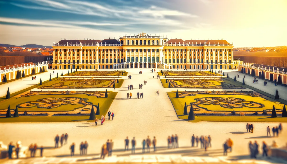 Schönbrunn Palace in Vienna with its ornate baroque architecture and formal gardens, showing tourists as distant figures exploring the grounds under warm afternoon lighting