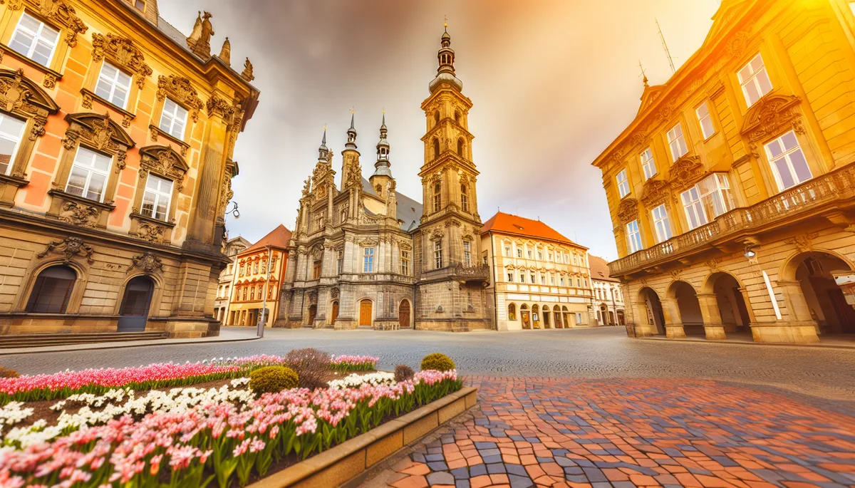 Beautiful European city square with baroque architecture, cobblestone streets, and spring flowers during golden hour lighting