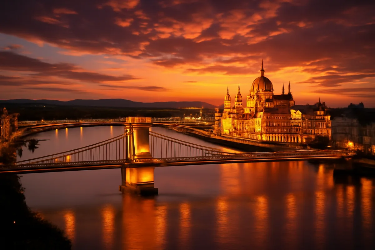 Budapest skyline at golden hour featuring the iconic Chain Bridge over the Danube River and the illuminated Hungarian Parliament building reflected in the water