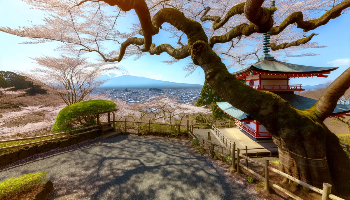 Cherry blossom trees in full bloom surrounding a traditional Japanese pagoda with Mount Fuji in the background during spring sakura season