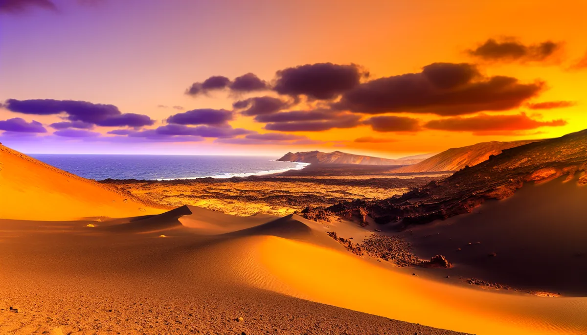Stunning volcanic landscape of the Canary Islands featuring dark lava formations contrasting with golden sand dunes and the deep blue Atlantic Ocean under a dramatic sunset sky