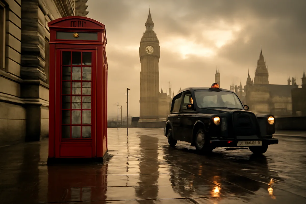 A classic red London telephone box and black taxi cab on a rainy cobblestone street with Big Ben and the Houses of Parliament visible in the misty background