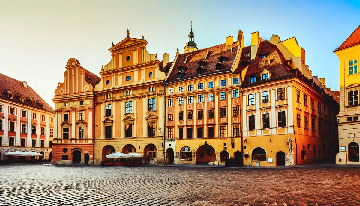 Historic European city square with colorful baroque buildings and cobblestone streets bathed in golden hour sunlight
