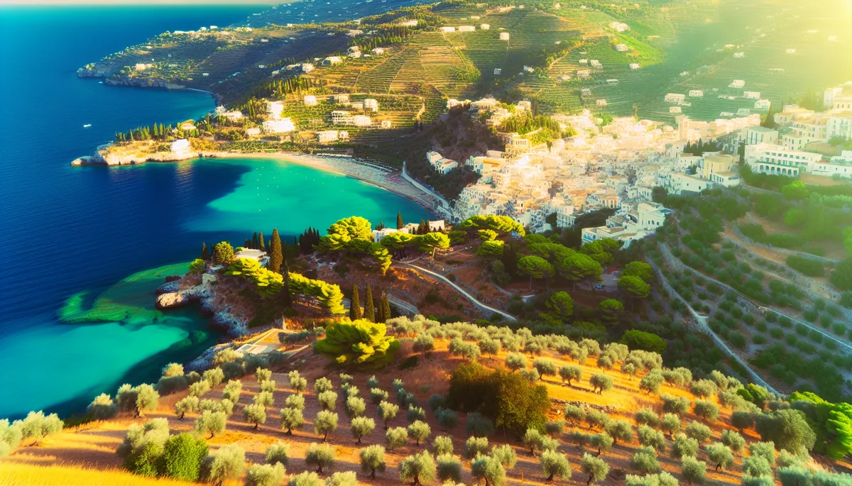 Stunning panoramic view of a Mediterranean coastal village with white buildings, turquoise waters, and olive groves under golden hour lighting