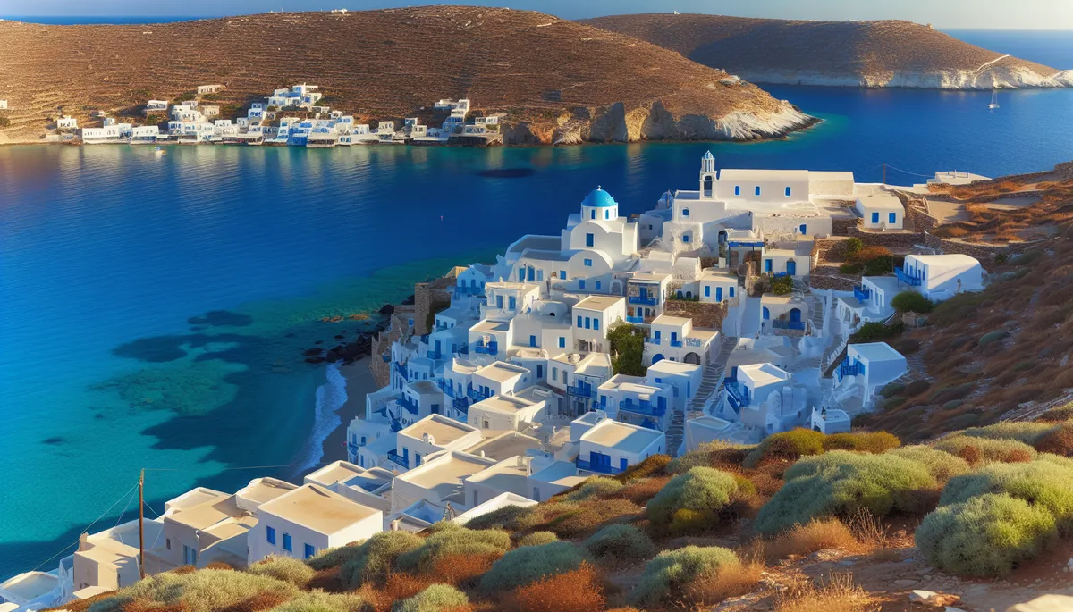 Picturesque Mediterranean coastal village with white buildings and blue domes overlooking turquoise waters at golden hour