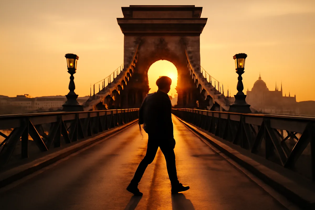 Silhouette of a traveler walking across Budapest's iconic Chain Bridge during golden hour, with the Hungarian Parliament building and Danube River in the background