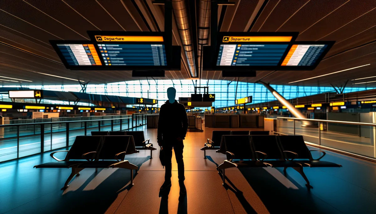 Silhouette of a traveler standing in a modern international airport terminal with blurred departure gates and directional signage in the background