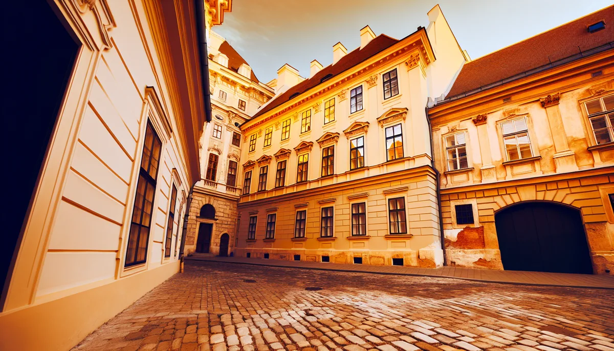 Beautiful European city street with historic buildings bathed in warm golden sunlight, representing modern travel connectivity