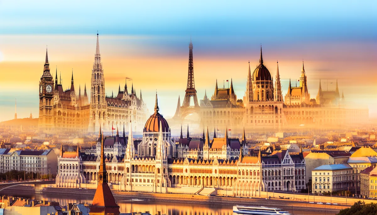 European cityscape montage showing iconic landmarks from different countries including Budapest Parliament, symbolizing international travel across Europe