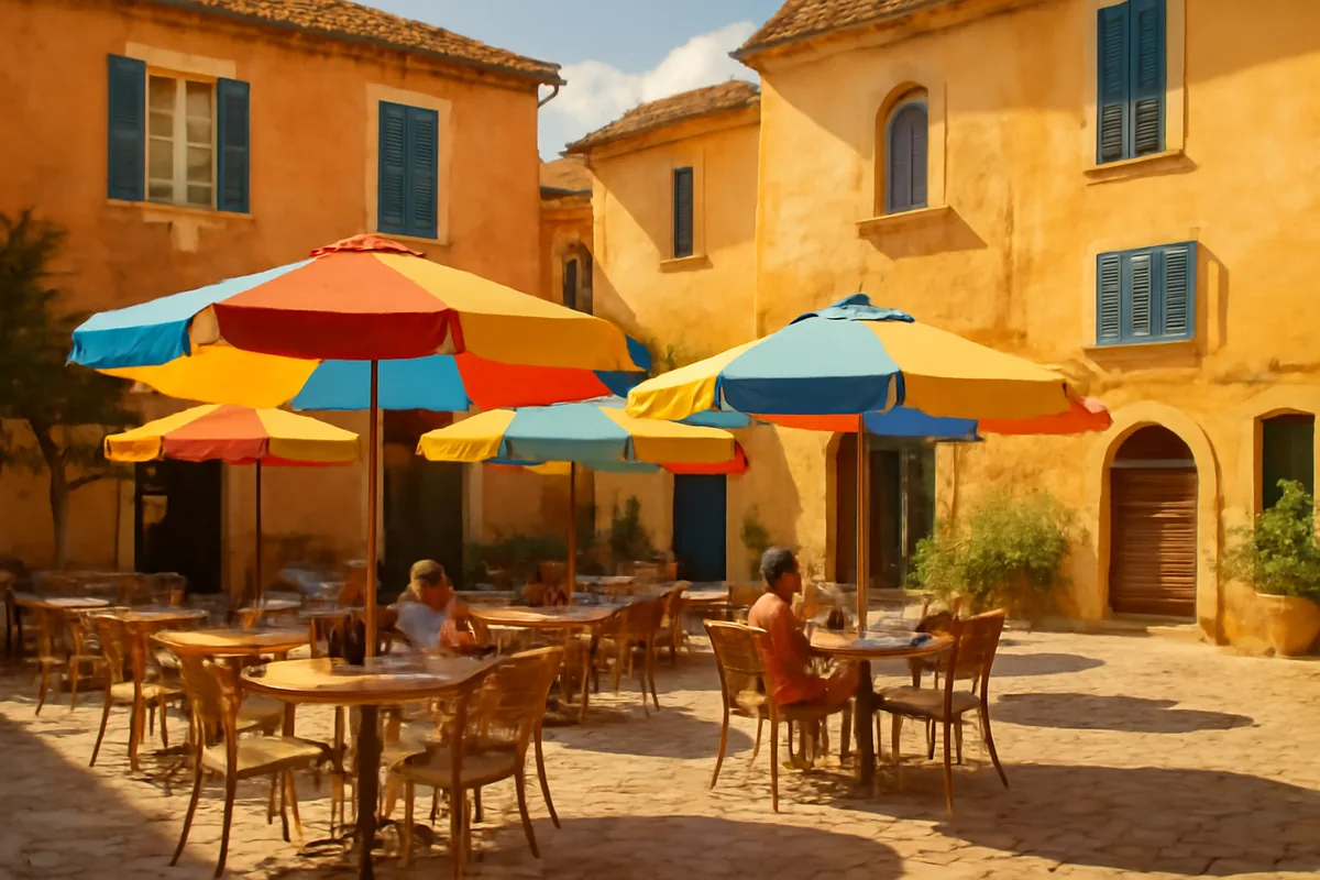 A sun-drenched European cobblestone plaza with colorful café terraces and historic architecture bathed in warm golden afternoon light