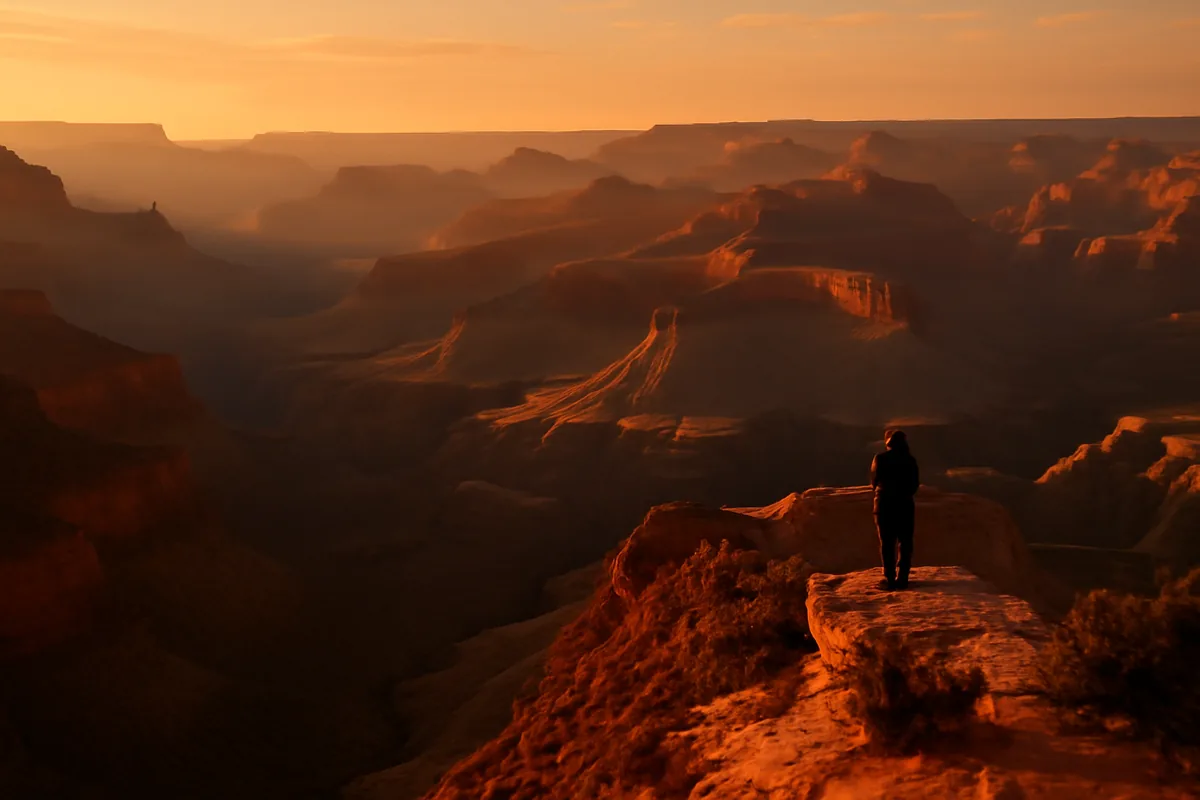 A breathtaking panoramic view of the Grand Canyon at sunset, with dramatic red and orange rock layers stretching into the distance under a warm golden sky.