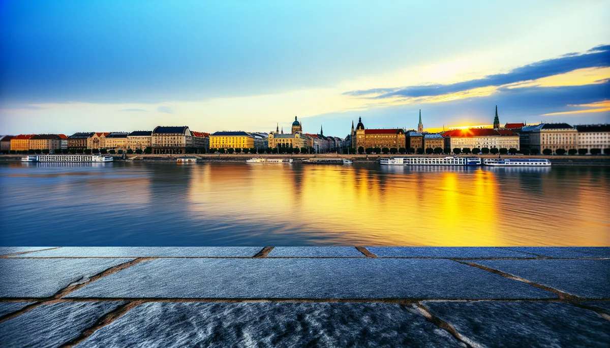 European city skyline at sunset with historic buildings reflected in a river, representing travel destinations across Europe