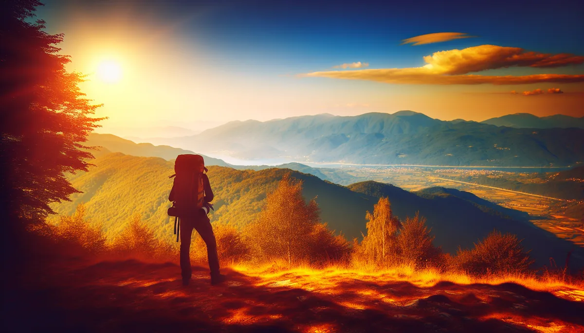 Silhouette of a traveler with backpack standing at a scenic mountain viewpoint overlooking European countryside during golden hour
