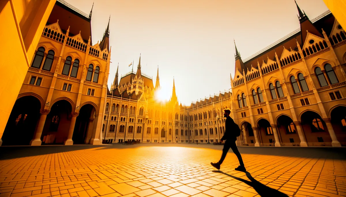 Silhouette of a traveler walking through the courtyard of the Hungarian Parliament building in Budapest during golden hour, with Gothic Revival architecture and warm lighting