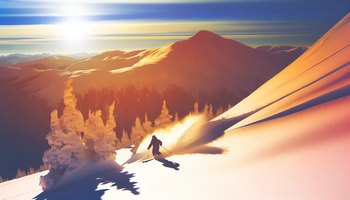 Skier's silhouette descending pristine snow-covered mountain slopes with dramatic alpine peaks in the background during golden hour