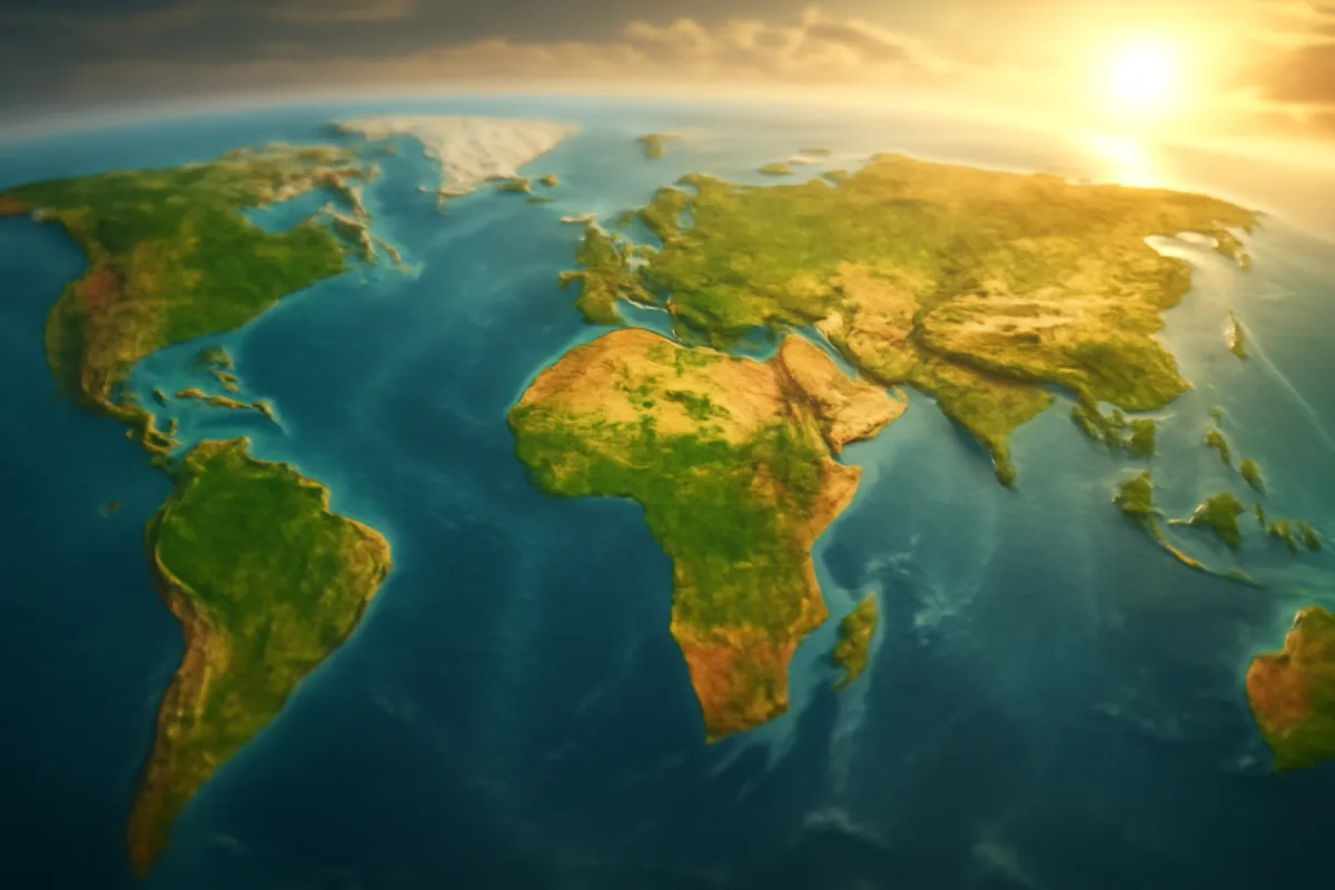 Aerial panoramic view of Earth's continents bathed in warm golden light, showcasing the vast expanse of global travel destinations across more than 200 countries