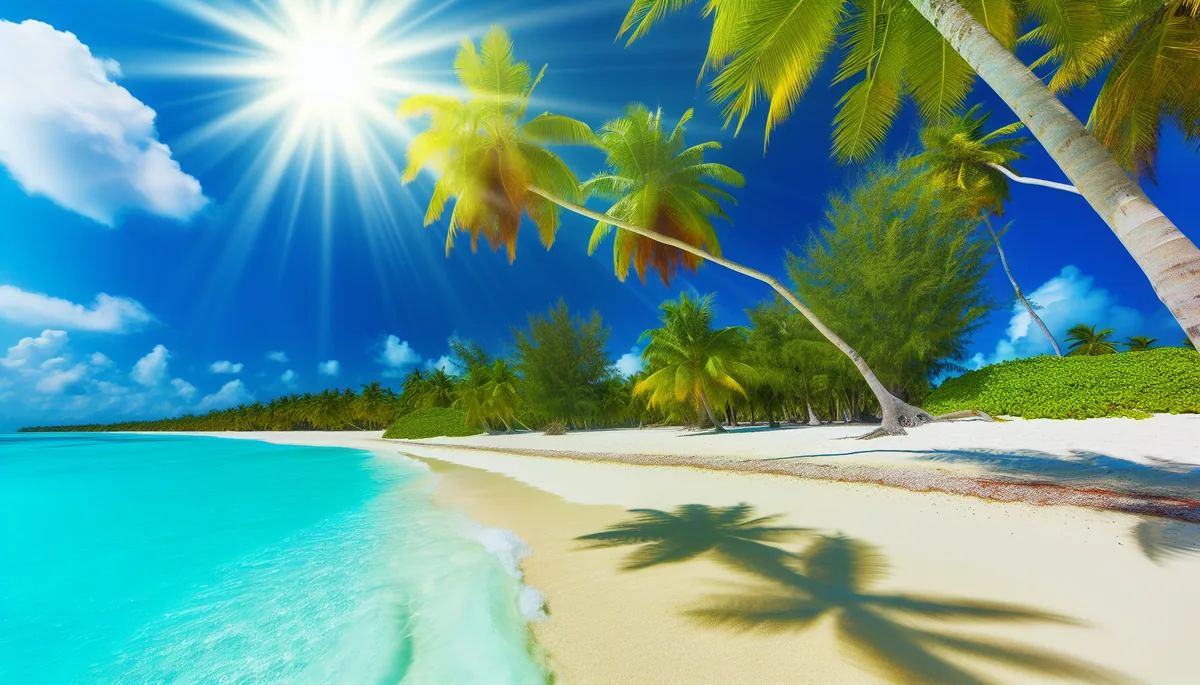 A stunning tropical beach scene with turquoise waters, white sand, and palm trees under a bright blue sky with white clouds