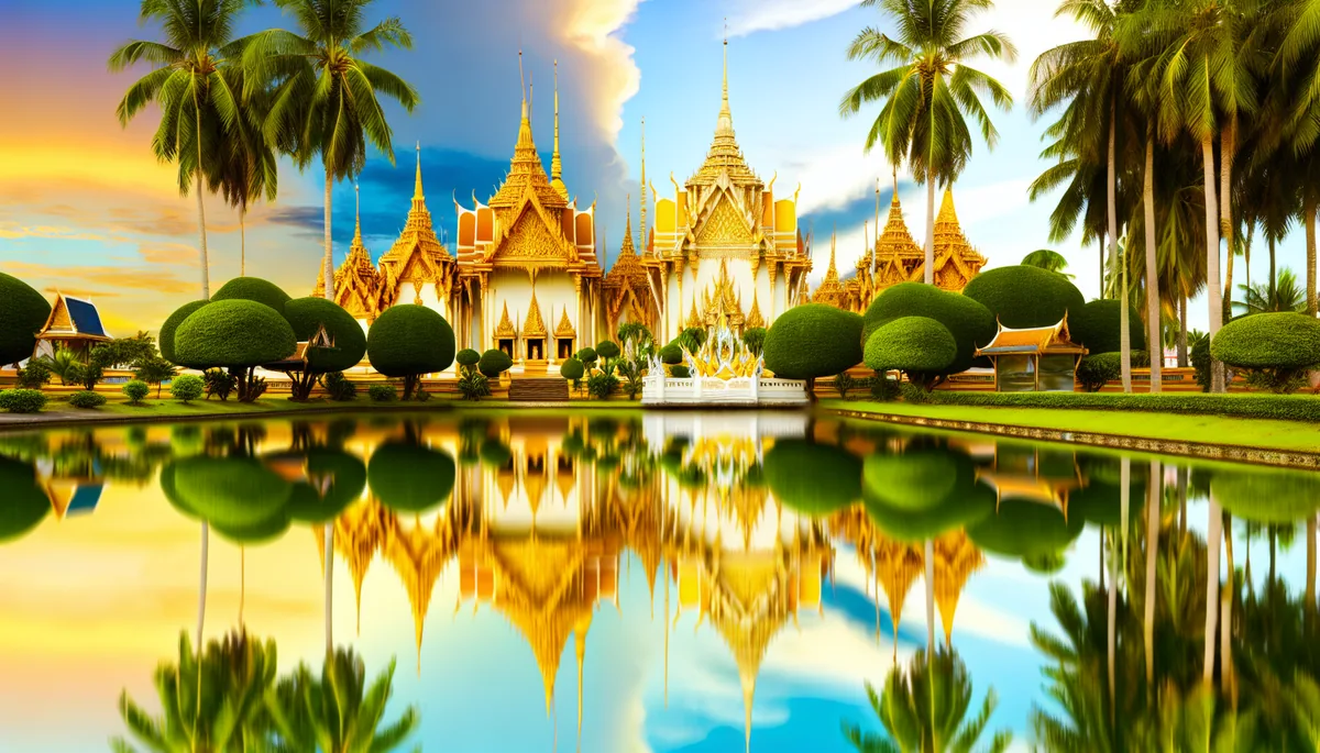 Golden Buddhist temple with ornate spires reflected in calm water, surrounded by tropical vegetation under a warm sunset sky