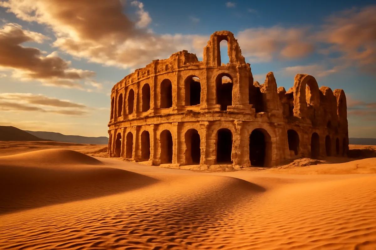 Ancient Roman amphitheater ruins in Tunisia bathed in warm golden afternoon light, surrounded by desert landscape with dramatic shadows across the stone architecture