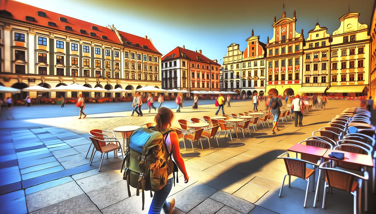 European city square with historic buildings and outdoor cafes during golden hour, with travelers walking in the distance