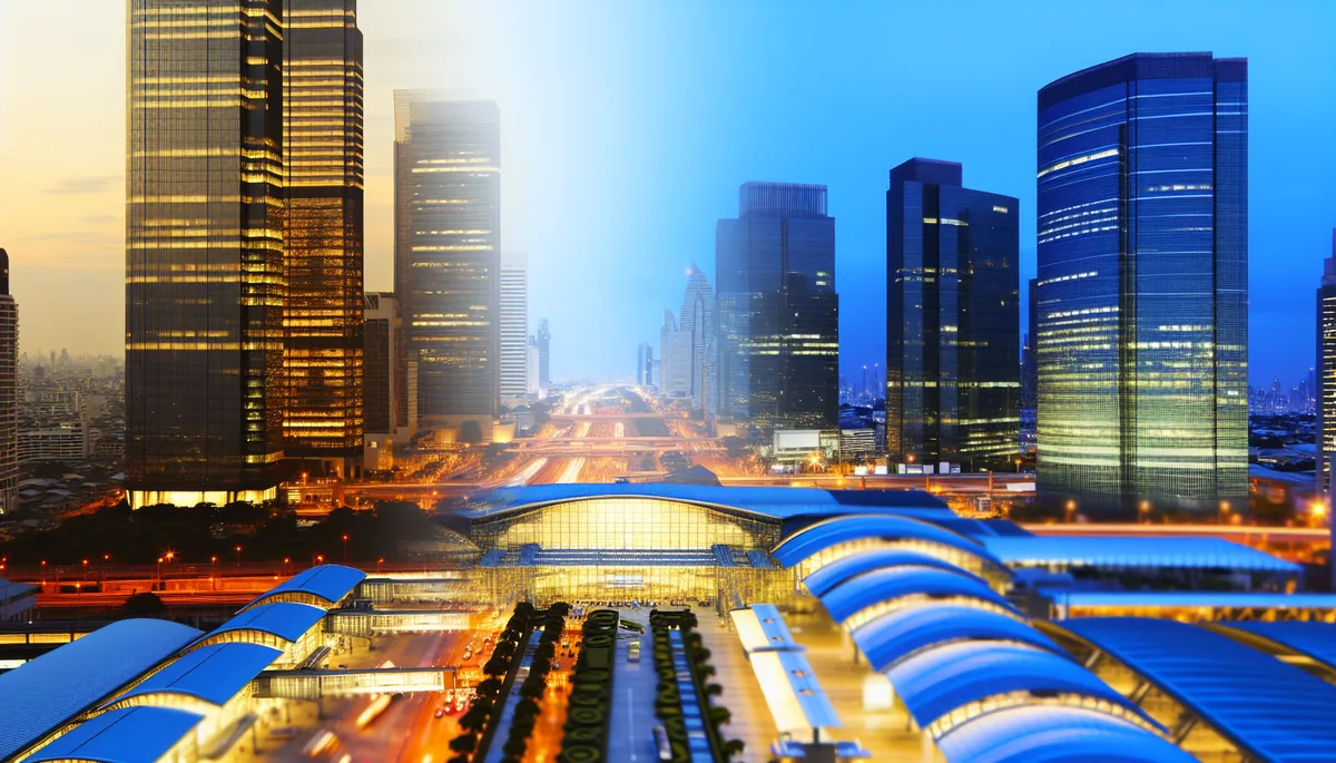 Modern city skyline with illuminated office buildings at dusk, featuring an international airport terminal in the foreground, representing global business travel
