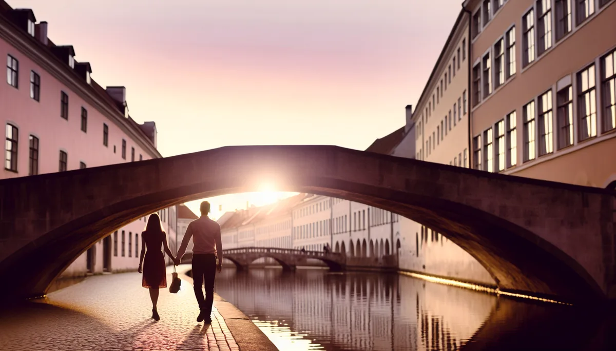 Romantic silhouettes of a couple walking hand in hand across a historic European bridge at sunset, with canal reflections and warm golden lighting