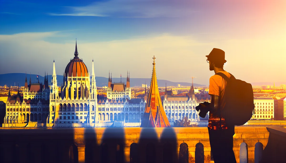Silhouette of a traveler overlooking Budapest's Parliament building and Danube River during golden hour