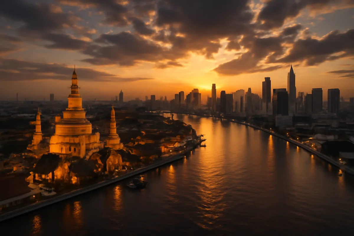 Aerial panoramic view of Bangkok skyline at golden hour, with temples and skyscrapers reflecting in the Chao Phraya River under a dramatic sunset sky