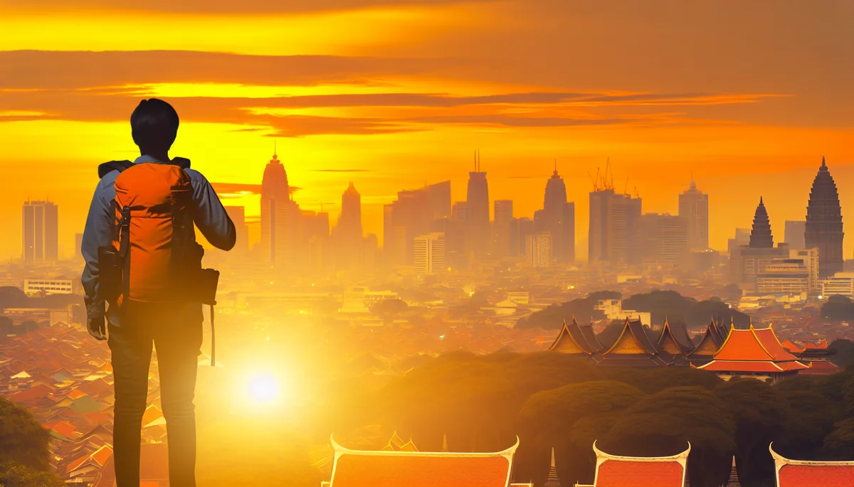 Silhouette of a traveler with backpack looking out over a vibrant Asian city skyline at sunset, showing modern buildings and traditional architecture