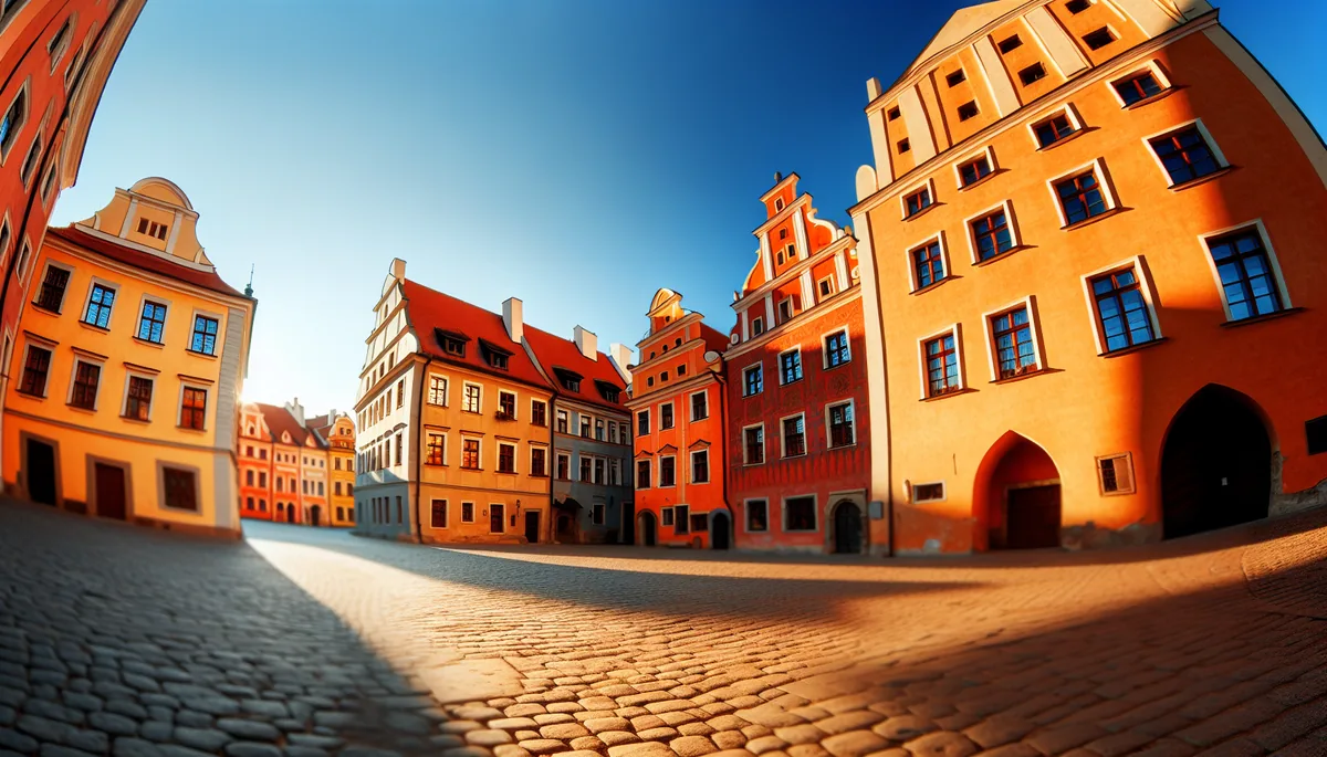 Golden hour view of a historic European city square with colorful medieval buildings, cobblestone streets, and traditional architecture bathed in warm sunlight