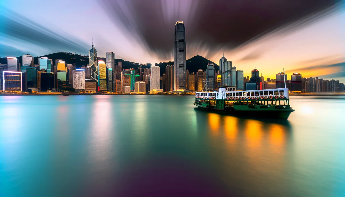 Hong Kong's iconic skyline at sunset with skyscrapers reflecting in Victoria Harbour and a traditional Star Ferry crossing the water
