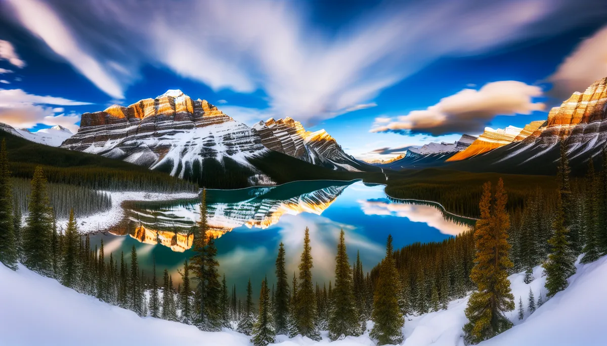 Stunning Canadian Rockies landscape with snow-capped mountains reflecting in a crystal-clear lake, surrounded by evergreen forests under a dramatic sky